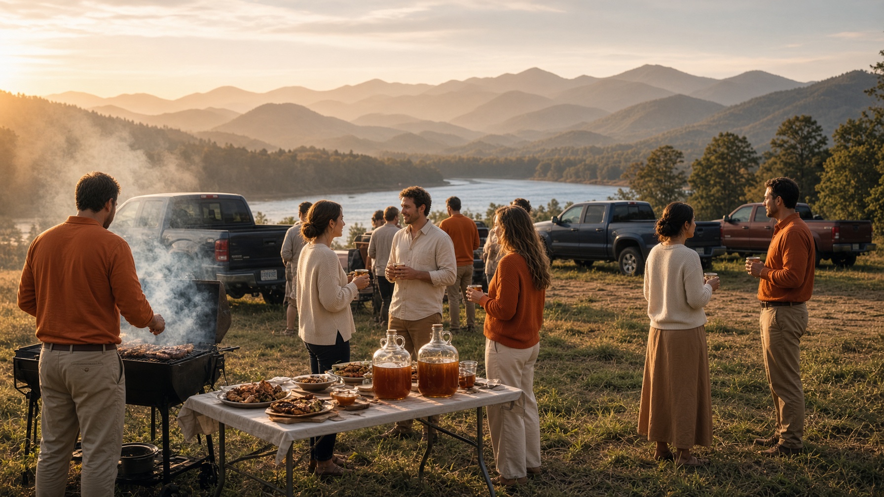 East Tennessee river tailgate at golden hour